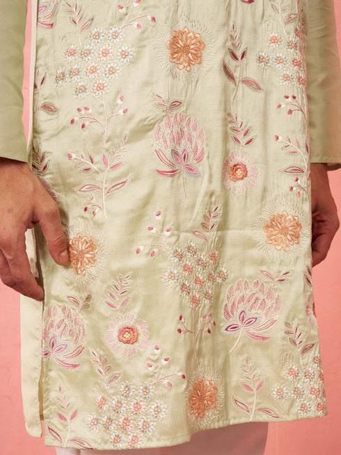 Men's Light Green Silk Blend Kurta
